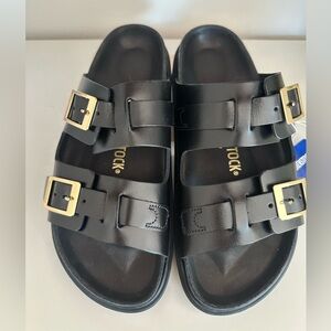 St Barths NEW with Tag Birkenstock size 38 Black Leather Big Gold Buckles